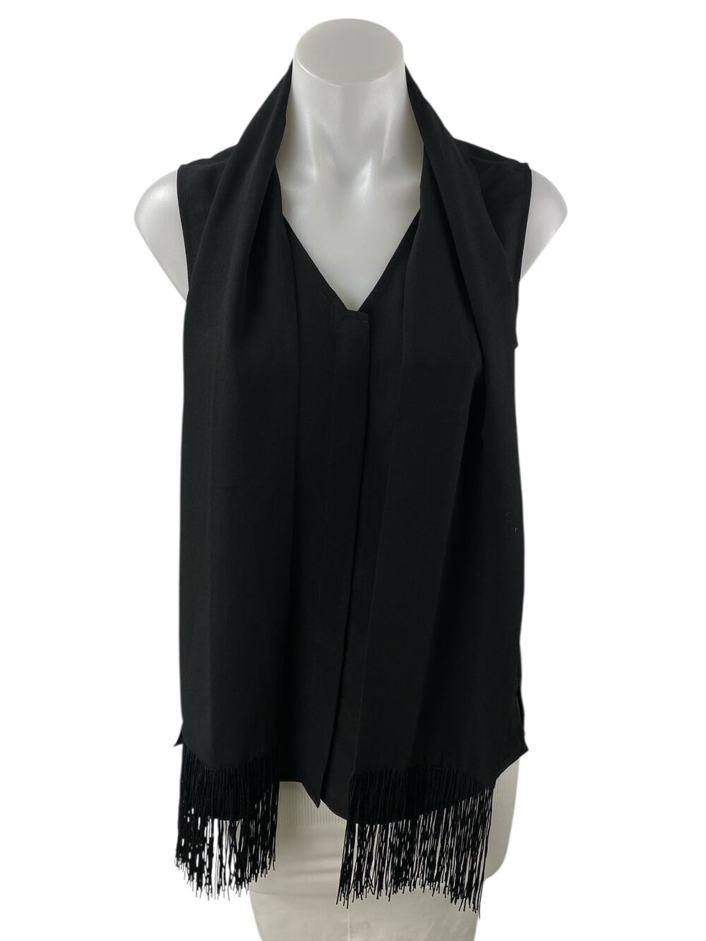 Cabi Women's Black Sleeveless Scarf Shawl Fringe V Neck Tank Blouse Top Size XS